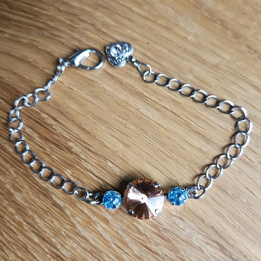 Blue & Orange Crystal Silver Chain Bracelet | Handmade